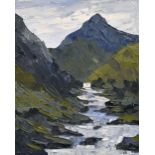 DAVID BARNES oil on canvas - Snowdonia mountain peak and river, entitled verso 'Snowdon from Llyn