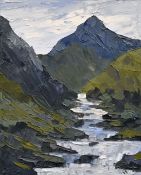 DAVID BARNES oil on canvas - Snowdonia mountain peak and river, entitled verso 'Snowdon from Llyn