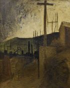 GEORGE CHAPMAN oil on board - pedestrian figure on a South Wales valley street and with colliery