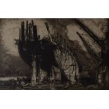 SIR FRANK BRANGWYN Fine Art Society etching - maritime salvage, entitled verso 'Breaking up the