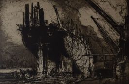 SIR FRANK BRANGWYN Fine Art Society etching - maritime salvage, entitled verso 'Breaking up the