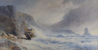 ALFRED PARKMAN watercolour - stormy sea at the Gower with wrecked sailing ship and Worm's Head