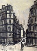 SIR KYFFIN WILLIAMS RA mixed media - pedestrian and cycling figures in Paris, entitled verso '