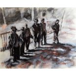 MARK MORRIS mixed media - six standing figures, entitled verso on Koywood Gallery label 'Judging /