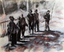 MARK MORRIS mixed media - six standing figures, entitled verso on Koywood Gallery label 'Judging /