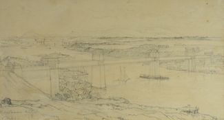 EDWARD DUNCAN - early pencil study of the Britannia tubular bridge over the Menai Straits with
