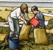 ALAN WILLIAMS acrylic wash on board - mother and child with buckets and sacks on a beach,
