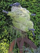 GARRY JONES stoneware on an old salvaged industrial wheel - sculpture of an acrobatic sheep,