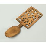 WELSH FOLK TREEN SYCAMORE LOVE-SPOON having a rectangular handle with open-work carved date of 1847,