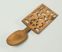 WELSH FOLK TREEN SYCAMORE LOVE-SPOON having a rectangular handle with open-work carved date of 1847,