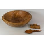 WELSH SYCAMORE DAIRY BOWL, LADLE & BUTTER-PAT, the shallow circular bowl with old iron fitting to