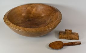 WELSH SYCAMORE DAIRY BOWL, LADLE & BUTTER-PAT, the shallow circular bowl with old iron fitting to