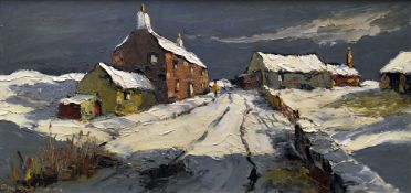 CHARLES WYATT WARREN oil on board - winter scene with farm under snow and single figure, entitled '