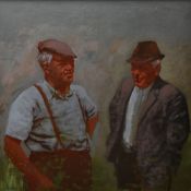 ANEURIN JONES oil on board - two farmers standing in conversation, signed verso, 62 x 62cms