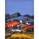 DAVID BARNES oil on board - hilly landscape with three cottages, 'Red Fields', signed verso, 39 x