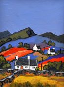 DAVID BARNES oil on board - hilly landscape with three cottages, 'Red Fields', signed verso, 39 x