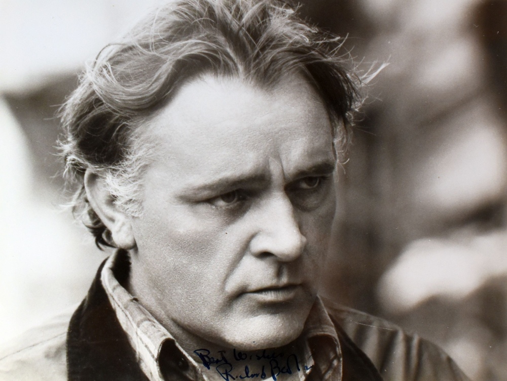 RICHARD BURTON AUTOGRAPH on a black and white portrait photograph of the actor, framed, image size