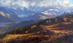 DAVID WOODFORD oil on card - Snowdonia with snowy peaks, entitled verso 'In the Llanberis Pass',