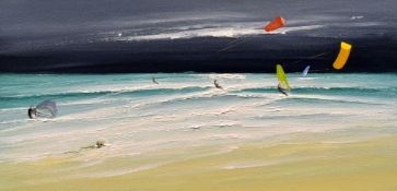 NICK JOHN REES acrylic on canvas - coastal scene with colourful kite-surfers, entitled verso 'End of