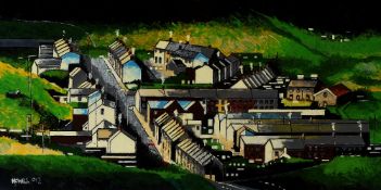 HOWELL DAVIES acrylic - vista of town with terraced houses and fields, entitled verso 'Blaen-Cwm,