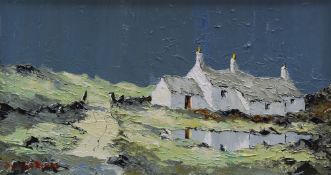 CHARLES WYATT WARREN oil on board - white washed Welsh cottage, signed and entitled verso '