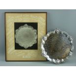 HALLMARKED ENGLISH SILVER WITH SEPARATE FRAMED AUTOGRAPHS - a circular silver salver on three hoof