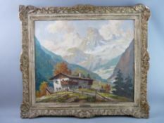 _ PAWLITSCHEK oil on canvas - Alpine scene with figure outside a chalet, signed and with title to