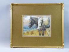 LUCY KEMP-WELCH watercolour and gouache - a stooked cornfield overlooked by two friendly horses, one