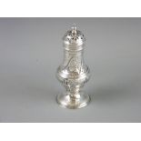 A GEORGIAN SILVER PEPPERETTE in baluster form with pierced cap and circular base, London hallmark,