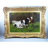 DAVID GOULD oil on canvas - two calves resting beneath trees, signed, 49 x 75 cms