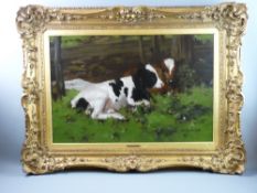 DAVID GOULD oil on canvas - two calves resting beneath trees, signed, 49 x 75 cms