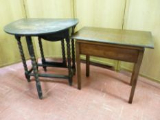 A POLISHED DROP LEAF GATE LEG TEA TABLE with bobbin supports and a small polished oblong topped side