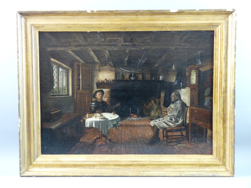 EARLY 19th CENTURY ENGLISH SCHOOL oil on canvas - interior scene, three figures in a kitchen, 38 x