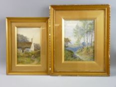 R WALTER HUTTON two watercolours - 1. thatched cottage with mother and child on a path, signed and