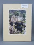 After CHARLES FREDERICK TUNNICLIFFE coloured print - farmstead with Welsh black cattle, originally