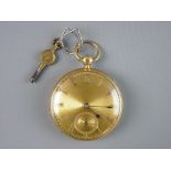 AN EIGHTEEN CARAT GOLD ENCASED GENT'S KEYWIND POCKET WATCH having a gold dial with Roman numerals