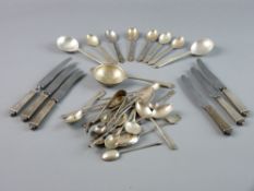 A PARCEL OF MIXED SILVER COFFEE & TEASPOONS, a strainer etc, 7.5 troy ozs and a parcel of silver