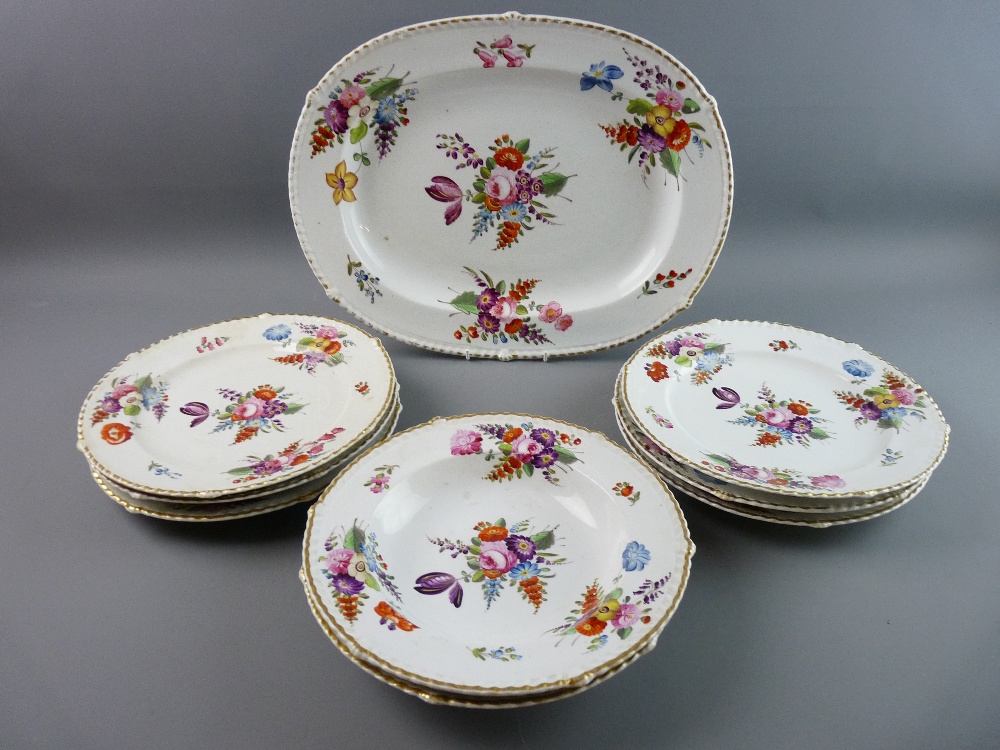 EARLY DERBY HANDPAINTED DINNERWARE to include a 41 cms wide serving platter, six 26 cms diameter