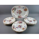 EARLY DERBY HANDPAINTED DINNERWARE to include a 41 cms wide serving platter, six 26 cms diameter