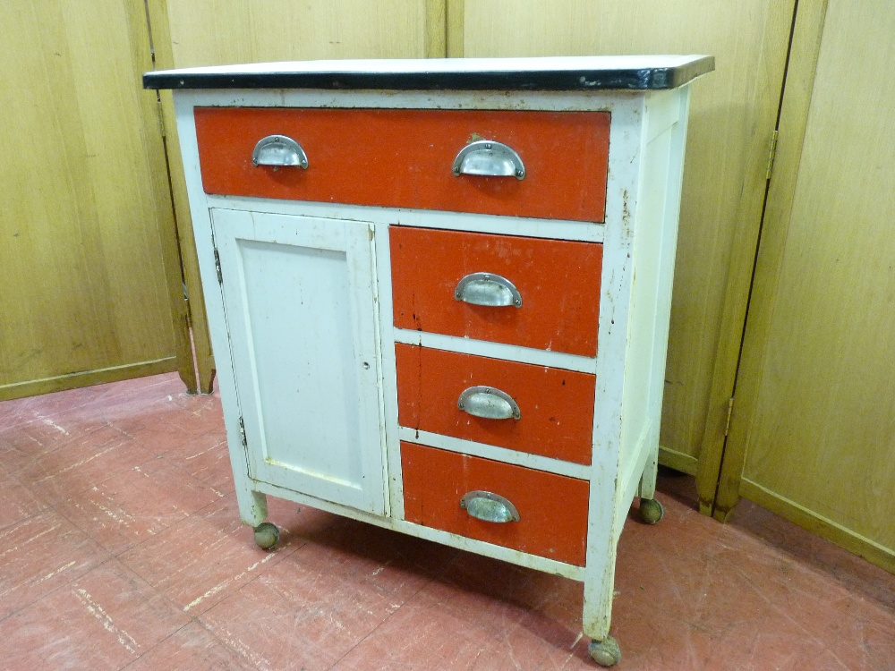 A PAINTED 1950's SMALL KITCHEN CHEST of one long and three short drawers and a small cupboard with