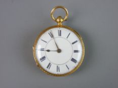 AN EIGHTEEN CARAT GOLD ENCASED FOB WATCH having chased floral and scrolled decoration, white