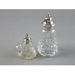 A HALLMARKED SILVER & CUT GLASS SUGAR CASTOR and a silver topped night lamp, conical shaped with