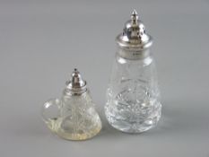 A HALLMARKED SILVER & CUT GLASS SUGAR CASTOR and a silver topped night lamp, conical shaped with