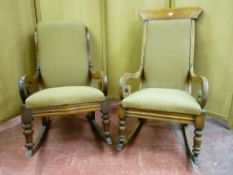 TWO VICTORIAN MAHOGANY ROCKING CHAIRS, identically upholstered, each with scrolled arms, one with