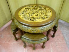 A CARVED ORIENTAL HARDWOOD SET OF FIVE TABLES, the 75 cms diameter top with deep carved panel of