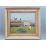 SARA JOHN oil on canvas - white horse grazing with ruins on a hill in the background, signed, 9.5