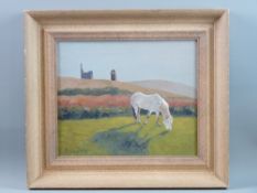 SARA JOHN oil on canvas - white horse grazing with ruins on a hill in the background, signed, 9.5