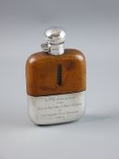A GARRARD`S SILVER, LEATHER & GLASS HIP FLASK, the removable cup with presentation inscription for `