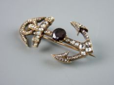 A FINE GOLD PIN BROOCH in the form of a ship's anchor, 5 cms long, totally encrusted with