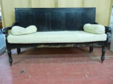 19th CENTURY PANEL BACK HALL BENCH with swept arms and slatted seat and upholstered pad, on turned